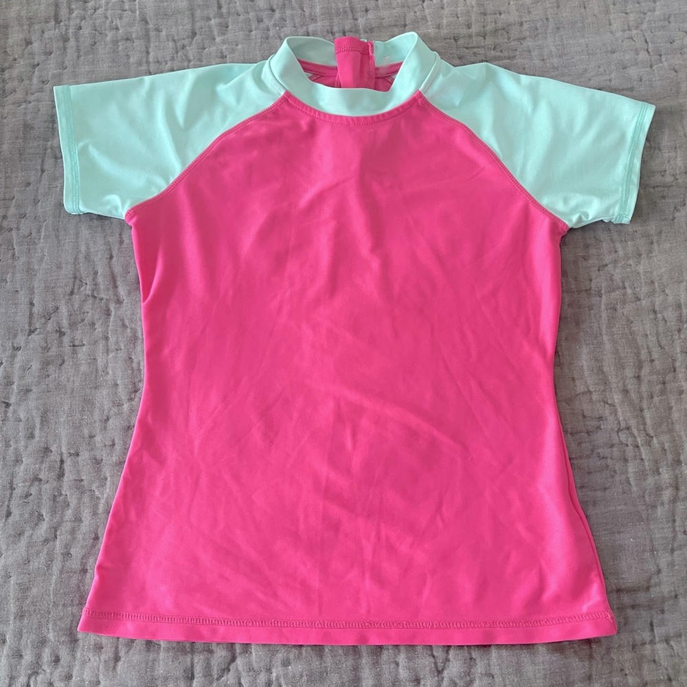 Eddie Bauer Pink and Aqua Short Sleeve Rash Guard swim girls medium 10/12 surf